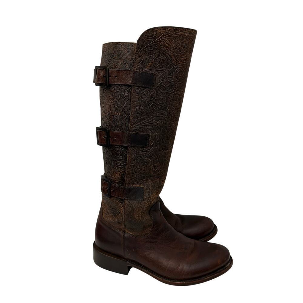 JB Dillon Boots Women's Size 7 B Leather Mandi Brown Tooled Leather Knee High